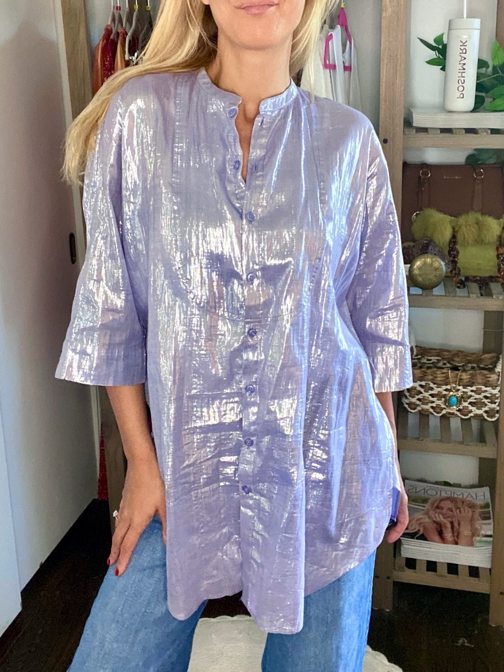 ROBERTA FREYMANN Shimmery Metallic Lavender Button-Front Shirt/Swim Cover-Up! 💜